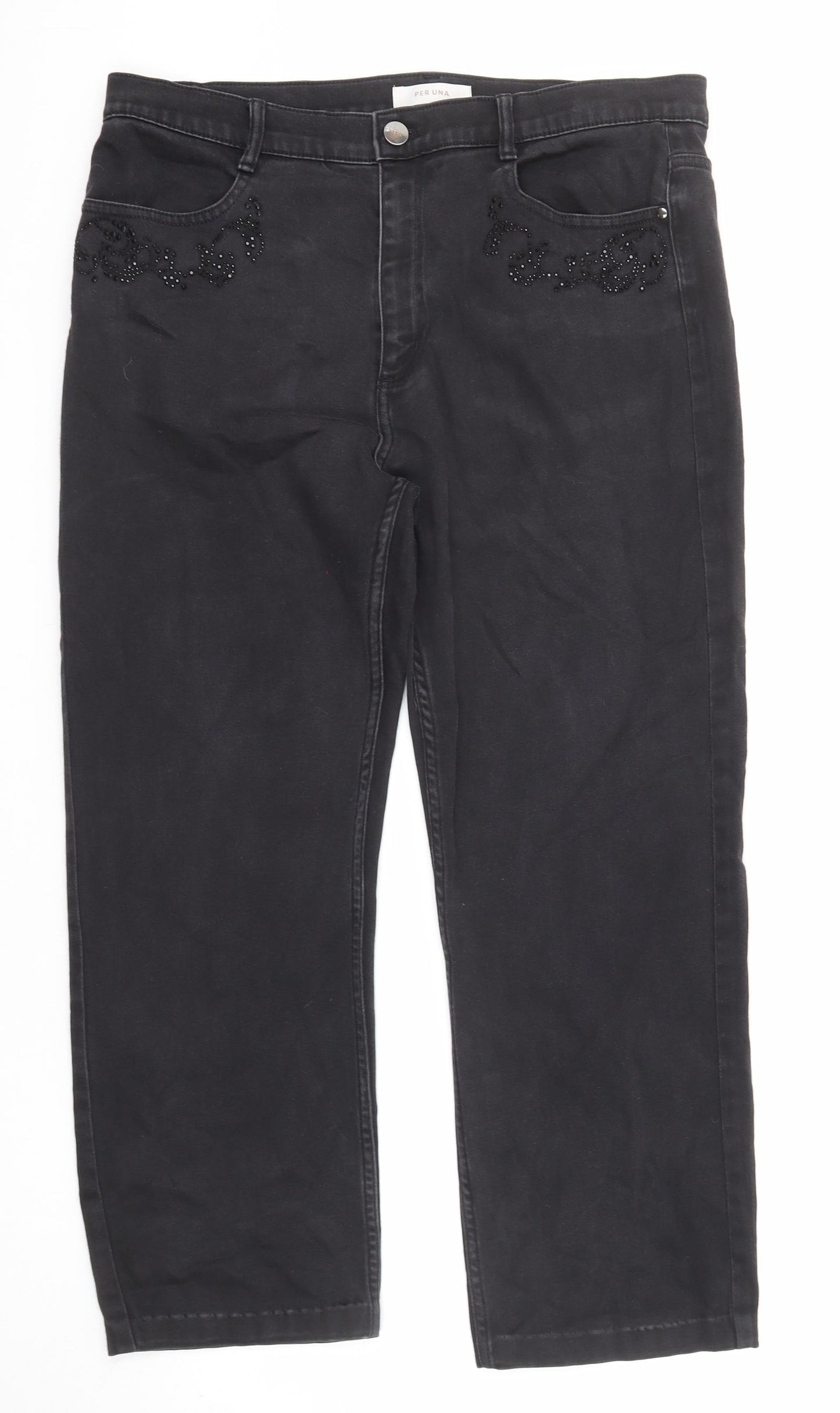 Per Una Womens Black Cotton Straight Jeans Size 16 L24 in Regular Zip