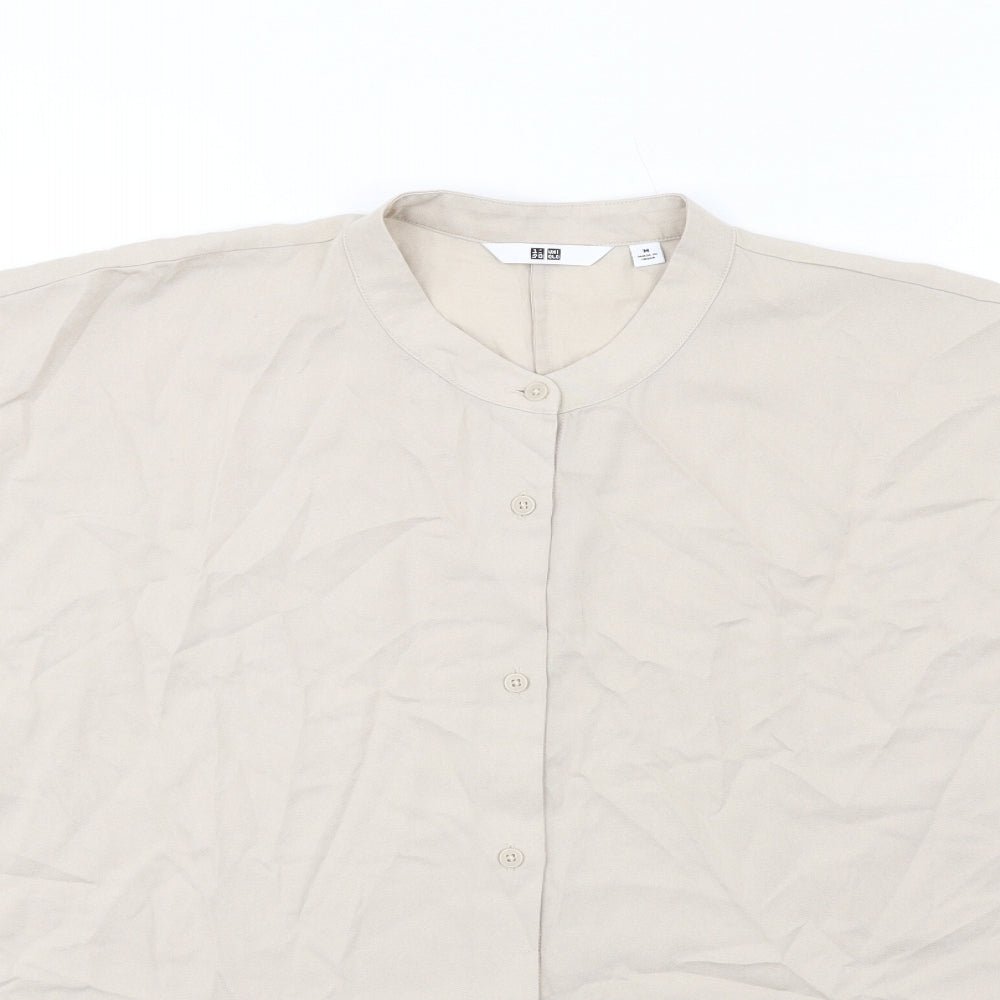 Uniqlo Womens Beige Viscose Basic Button-Up Size M Round Neck