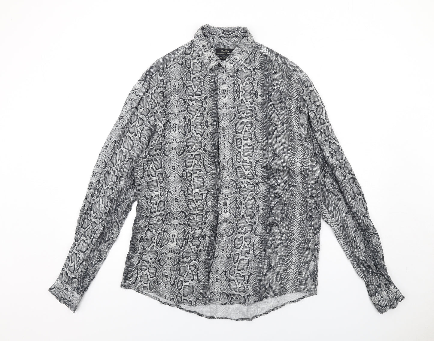 Zara Womens Grey Animal Print Viscose Basic Button-Up Size M Collared - Snake Skin Pattern