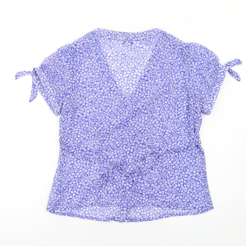 M&Co Womens Blue Floral Polyester Basic Blouse Size 14 V-Neck