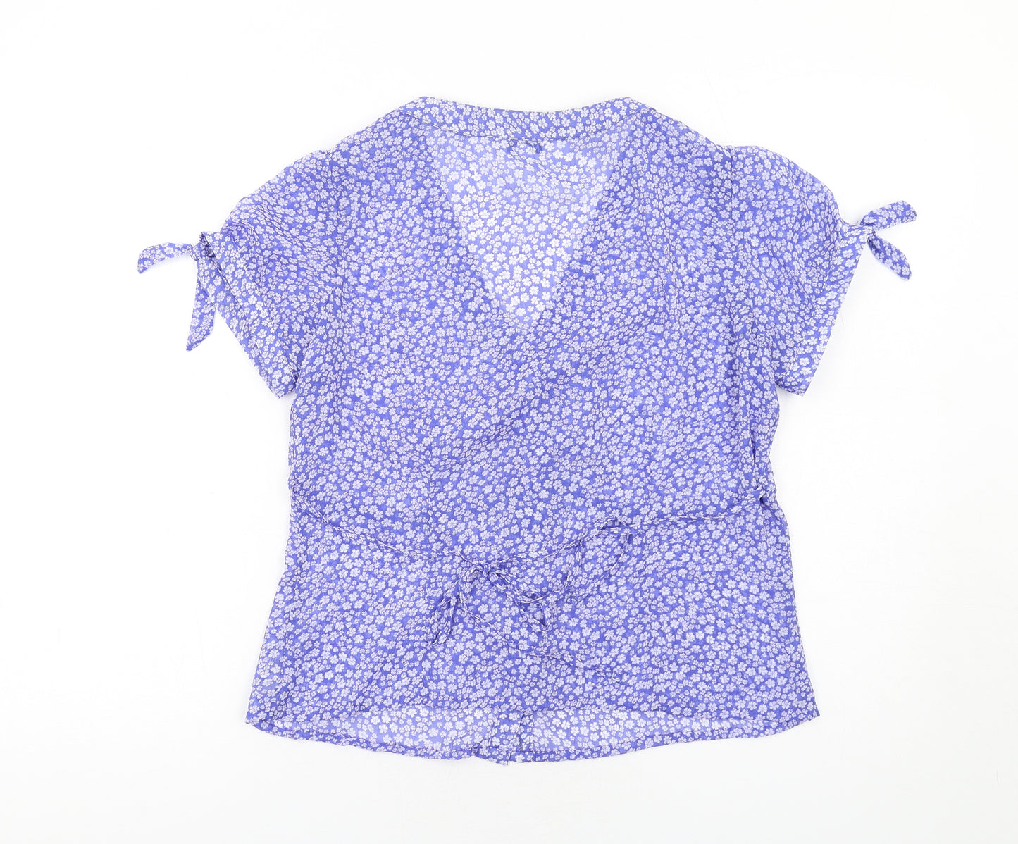 M&Co Womens Blue Floral Polyester Basic Blouse Size 14 V-Neck