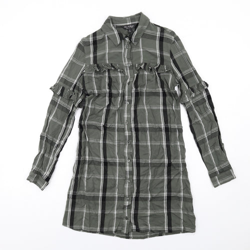 Miss Selfridge Womens Green Plaid Viscose Shirt Dress Size 8 Collared Button