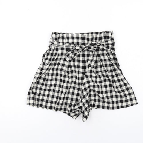 Zara Womens Black Plaid Linen Paperbag Shorts Size S Regular Zip
