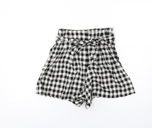 Zara Womens Black Plaid Linen Paperbag Shorts Size S Regular Zip