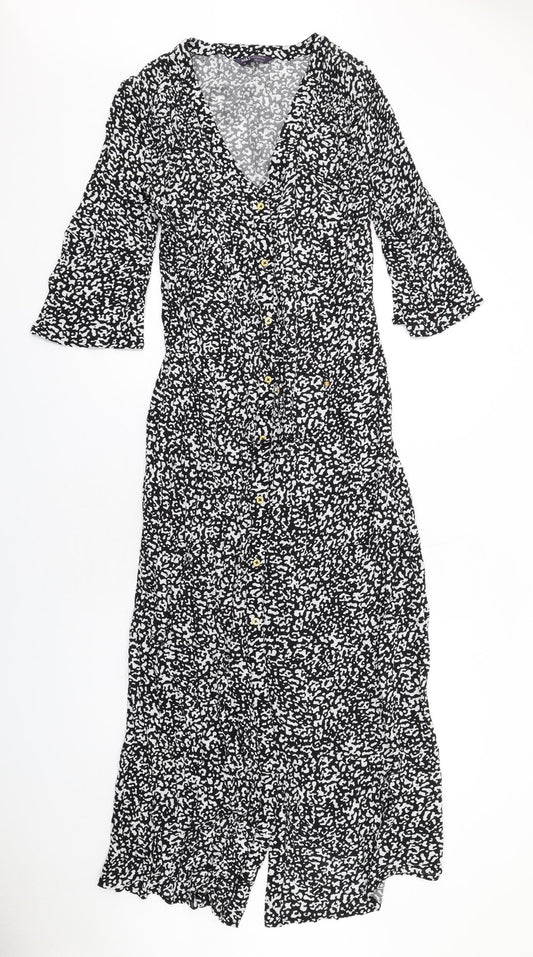 Marks and Spencer Womens Black Geometric Viscose Shirt Dress Size 10 V-Neck Button