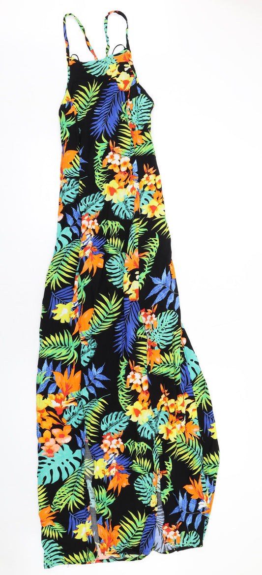 Jane Norman Womens Multicoloured Geometric Viscose Maxi Size 12 Halter Zip - Leaf Print Lace Up