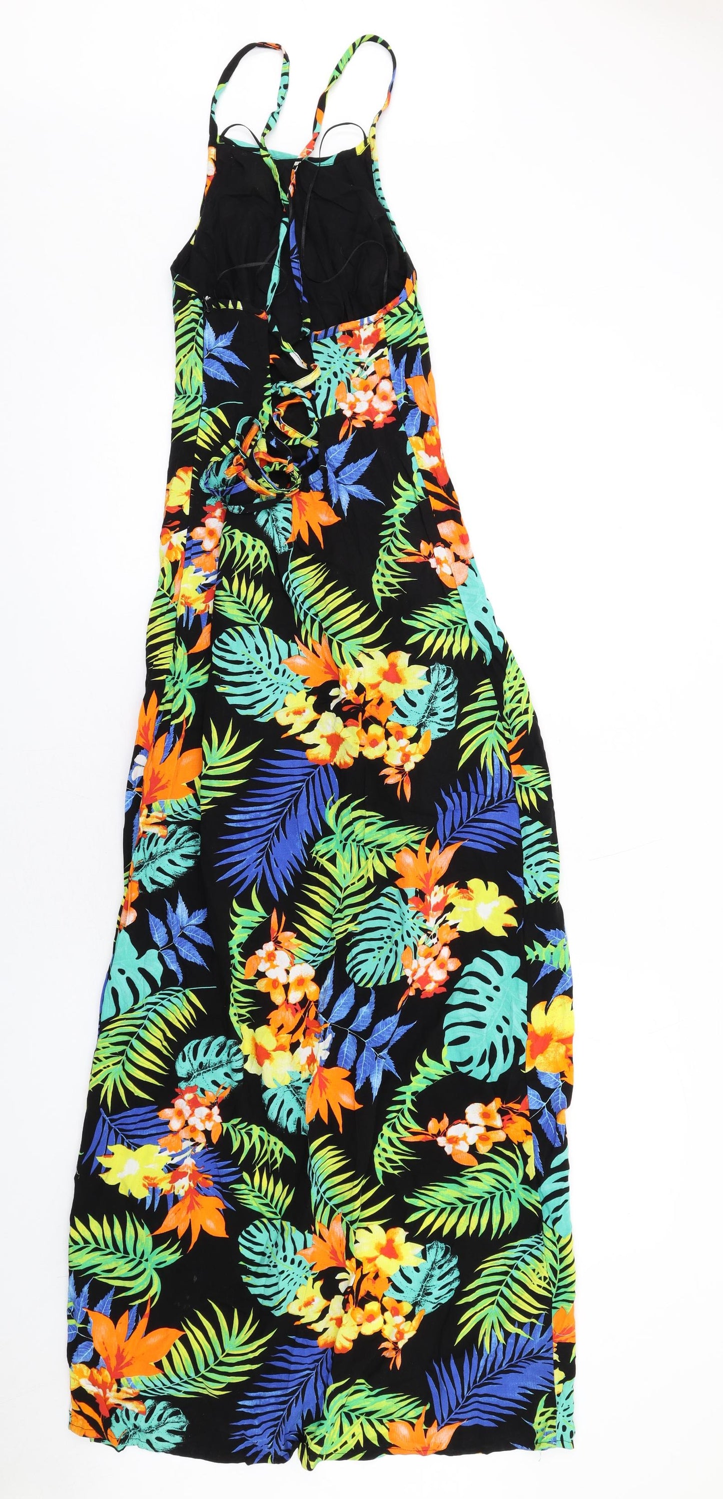 Jane Norman Womens Multicoloured Geometric Viscose Maxi Size 12 Halter Zip - Leaf Print Lace Up