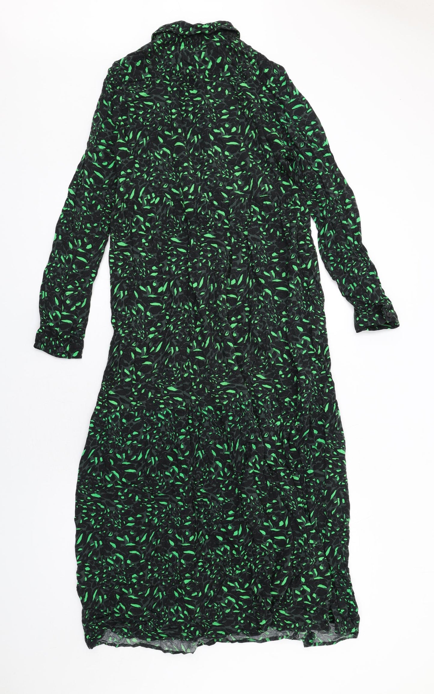 John Lewis Womens Green Geometric Viscose Shirt Dress Size 10 Collared Button
