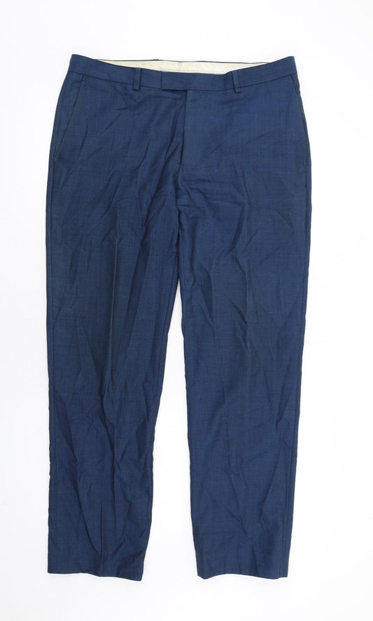Moss Bros Mens Blue Wool Trousers Size 34 in L31 in Regular Zip