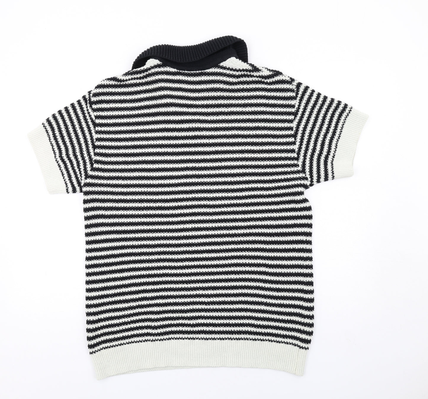 Zara Mens Black Collared Striped Cotton Pullover Jumper Size M Short Sleeve