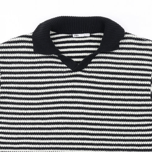 Zara Mens Black Collared Striped Cotton Pullover Jumper Size M Short Sleeve