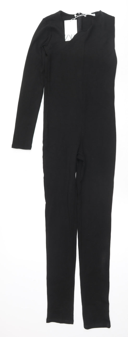 Zara Womens Black Cotton Jumpsuit One-Piece Size M L30 in Zip