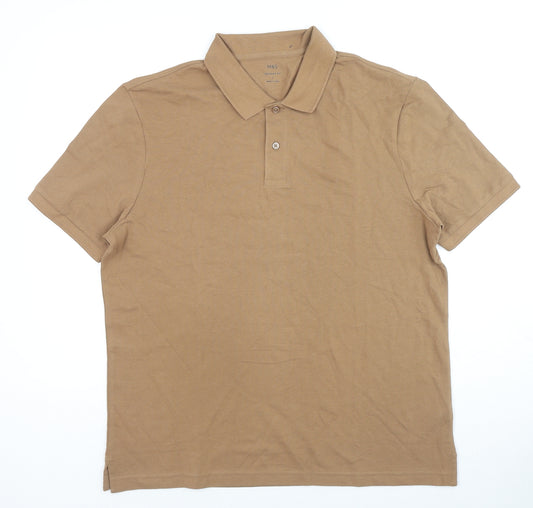 Marks and Spencer Mens Brown Cotton Polo Size L Collared Button