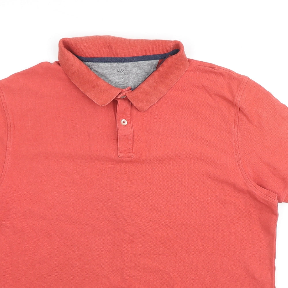 Marks and Spencer Mens Red Cotton Polo Size XL Collared Button