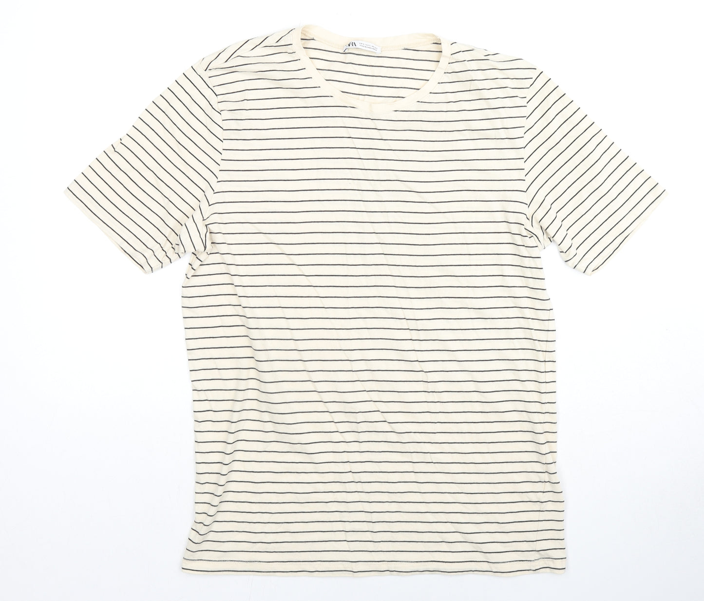 Zara Womens Ivory Striped Cotton Basic T-Shirt Size L Round Neck