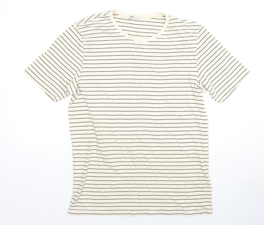 Zara Womens Ivory Striped Cotton Basic T-Shirt Size L Round Neck
