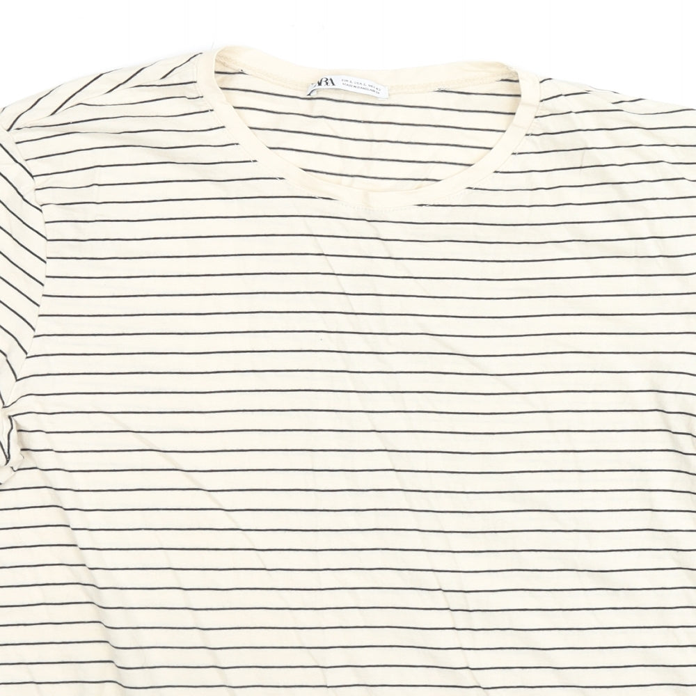 Zara Womens Ivory Striped Cotton Basic T-Shirt Size L Round Neck