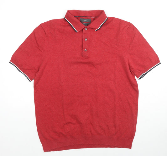 Marks and Spencer Mens Red Cotton Polo Size L Collared Button