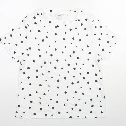 Marks and Spencer Womens White Polka Dot Cotton Basic T-Shirt Size 16 Round Neck