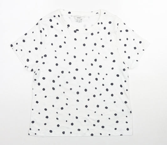 Marks and Spencer Womens White Polka Dot Cotton Basic T-Shirt Size 16 Round Neck