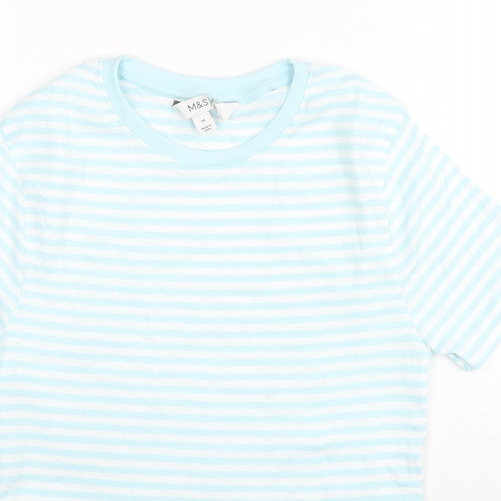 Marks and Spencer Womens Blue Striped Cotton Basic T-Shirt Size 10 Round Neck