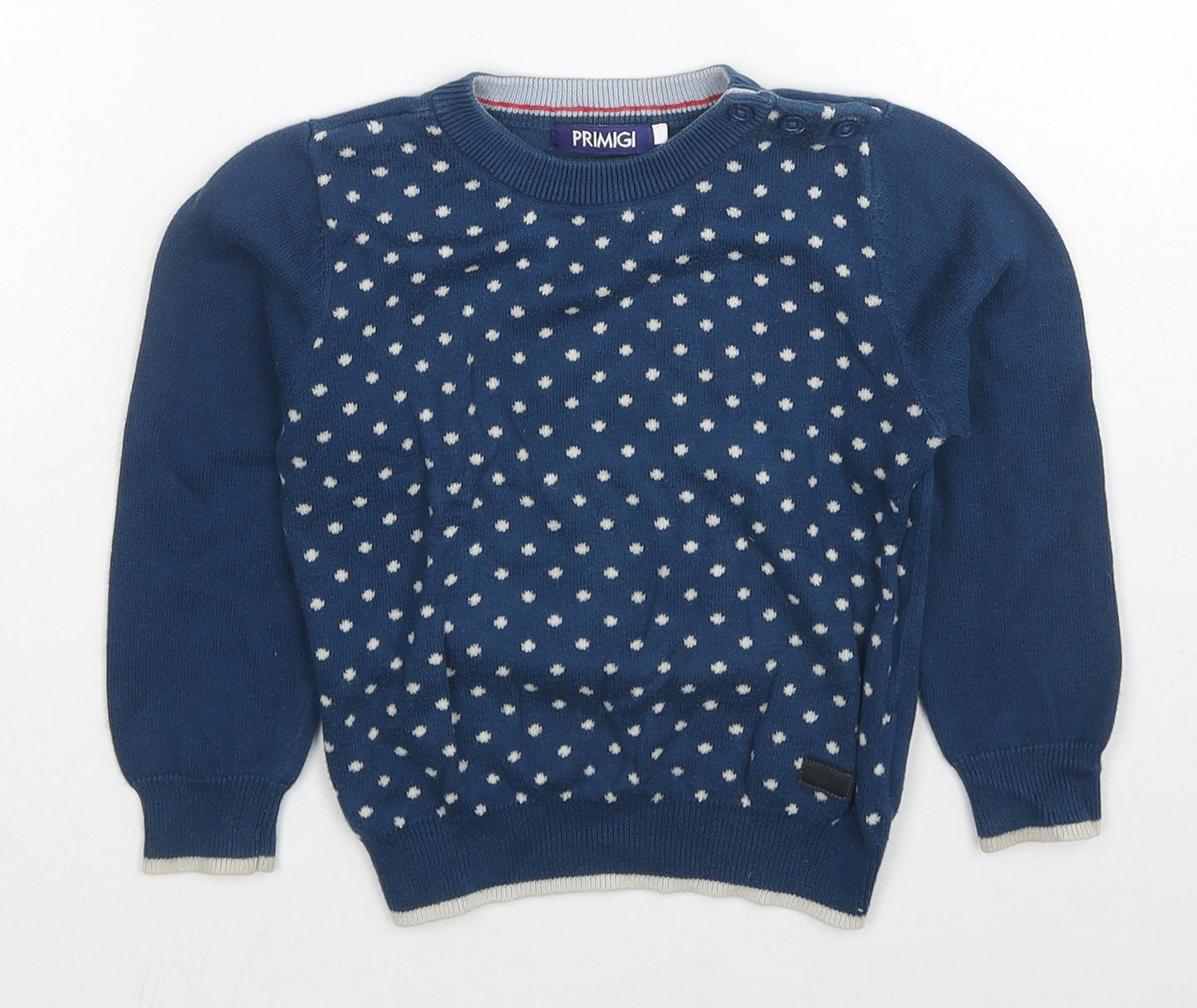 Primigi Boys Blue Crew Neck Polka Dot Cotton Pullover Jumper Size 2 Years Pullover