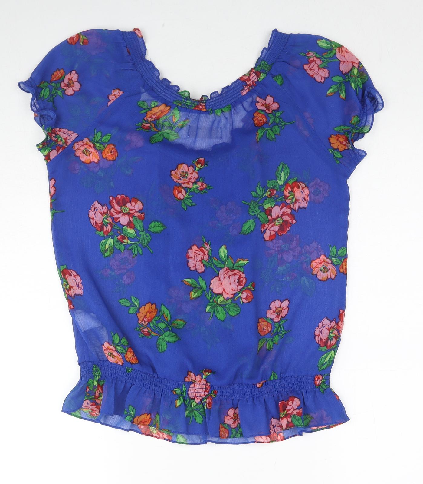 Hollister Womens Blue Floral Polyester Basic Blouse Size M Scoop Neck