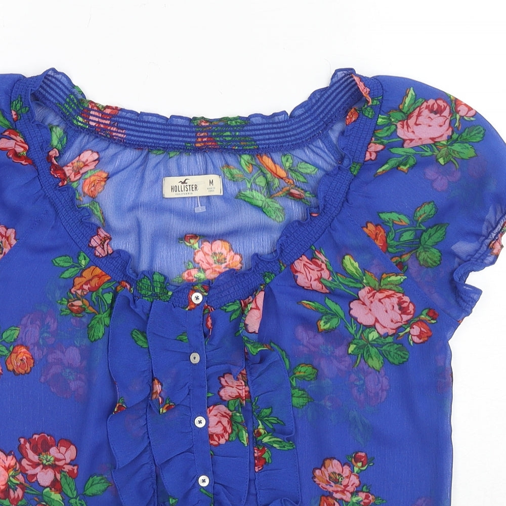 Hollister Womens Blue Floral Polyester Basic Blouse Size M Scoop Neck