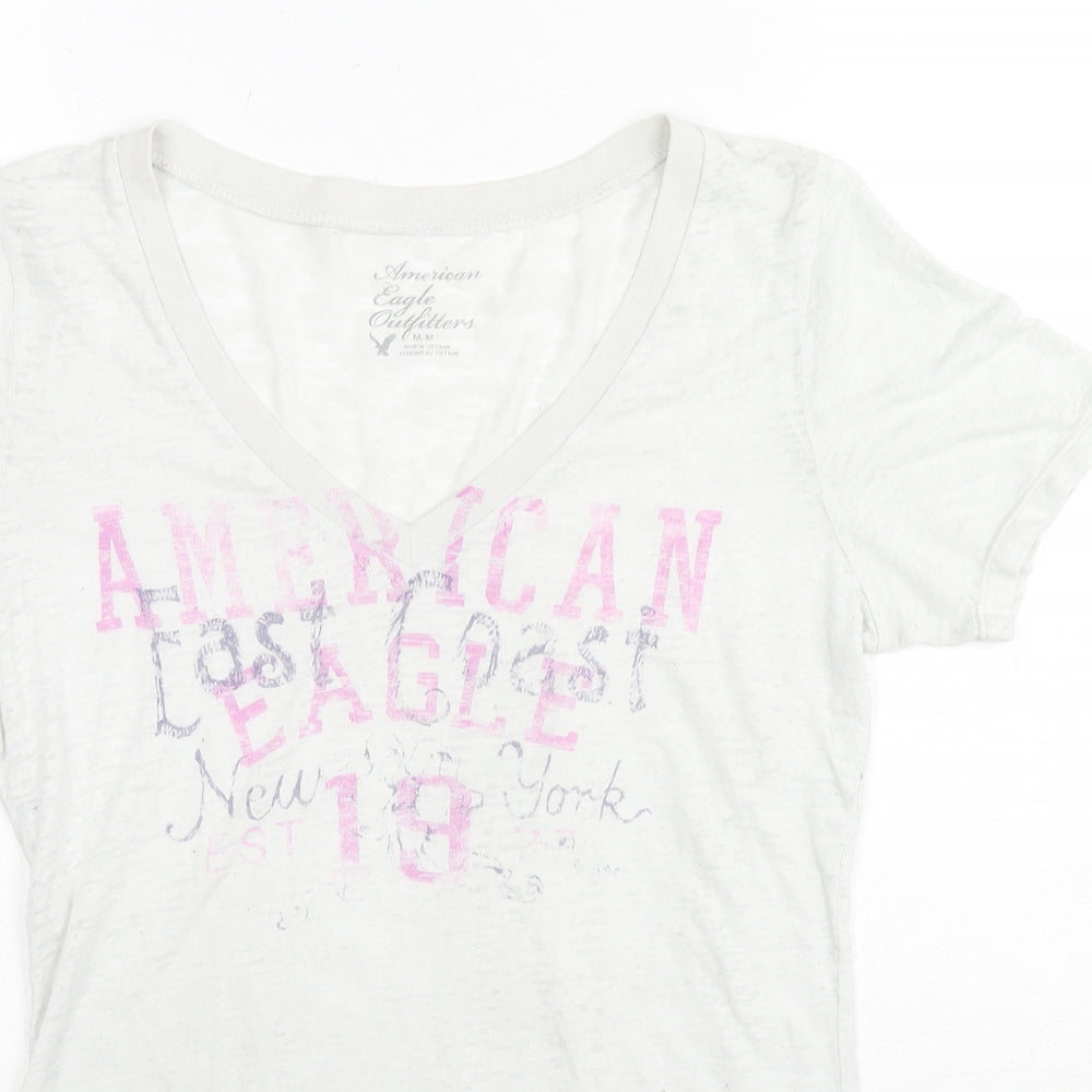 American Eagle Outfitters Womens White Cotton Basic T-Shirt Size M V-Neck - East Coast New York