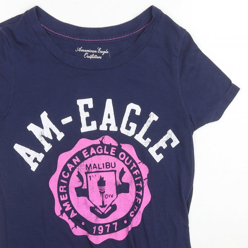 American Eagle Outfitters Womens Blue Cotton Basic T-Shirt Size S Round Neck - AM - Eagle Malibu
