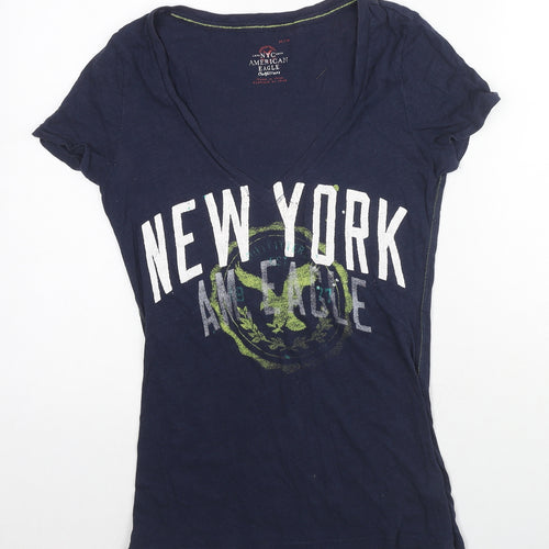 American Eagle Outfitters Womens Blue Cotton Basic T-Shirt Size M V-Neck - New York