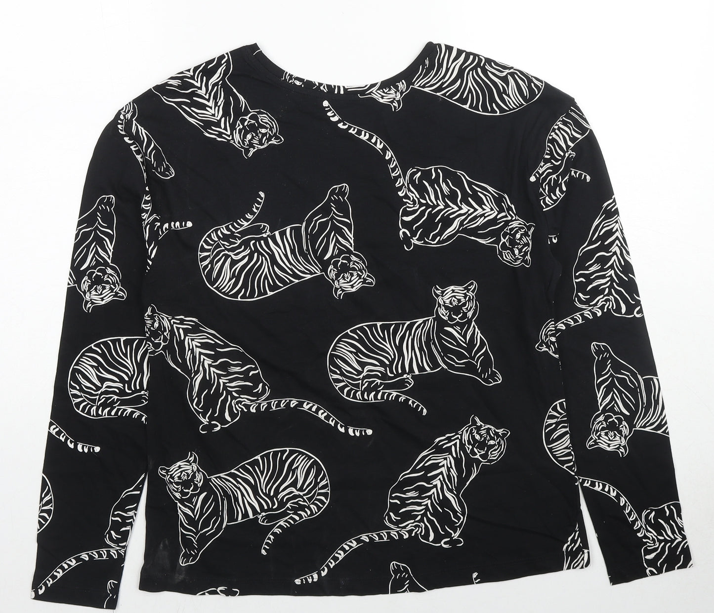 Marks and Spencer Womens Black Geometric Cotton Basic T-Shirt Size S Crew Neck - Tiger Print