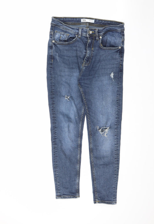 Zara Mens Blue Cotton Straight Jeans Size 28 in L24 in Regular Zip