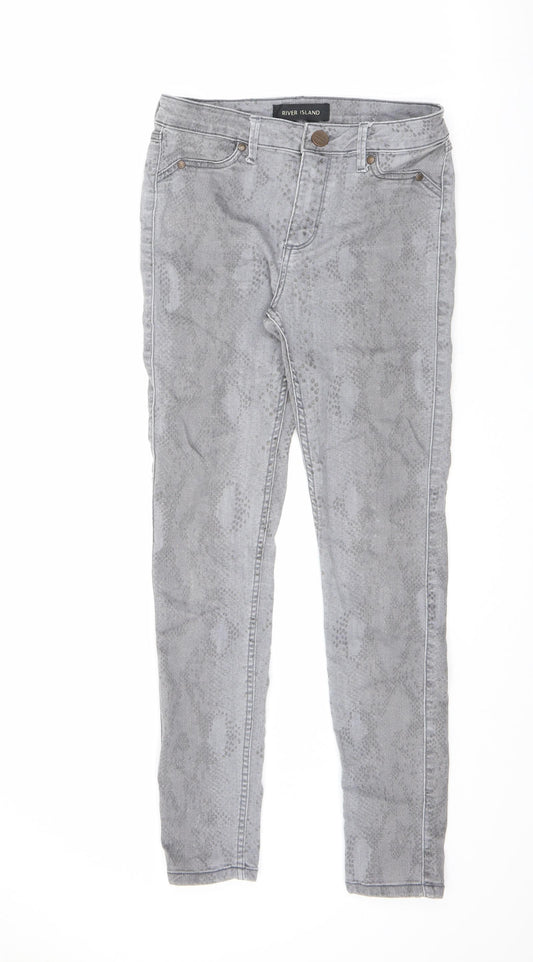 River Island Womens Grey Animal Print Cotton Skinny Jeans Size 12 L28.5 in Regular Button - Snakeskin pattern