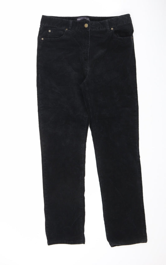 Marks and Spencer Womens Black Cotton Trousers Size 12 L28 in Regular Zip