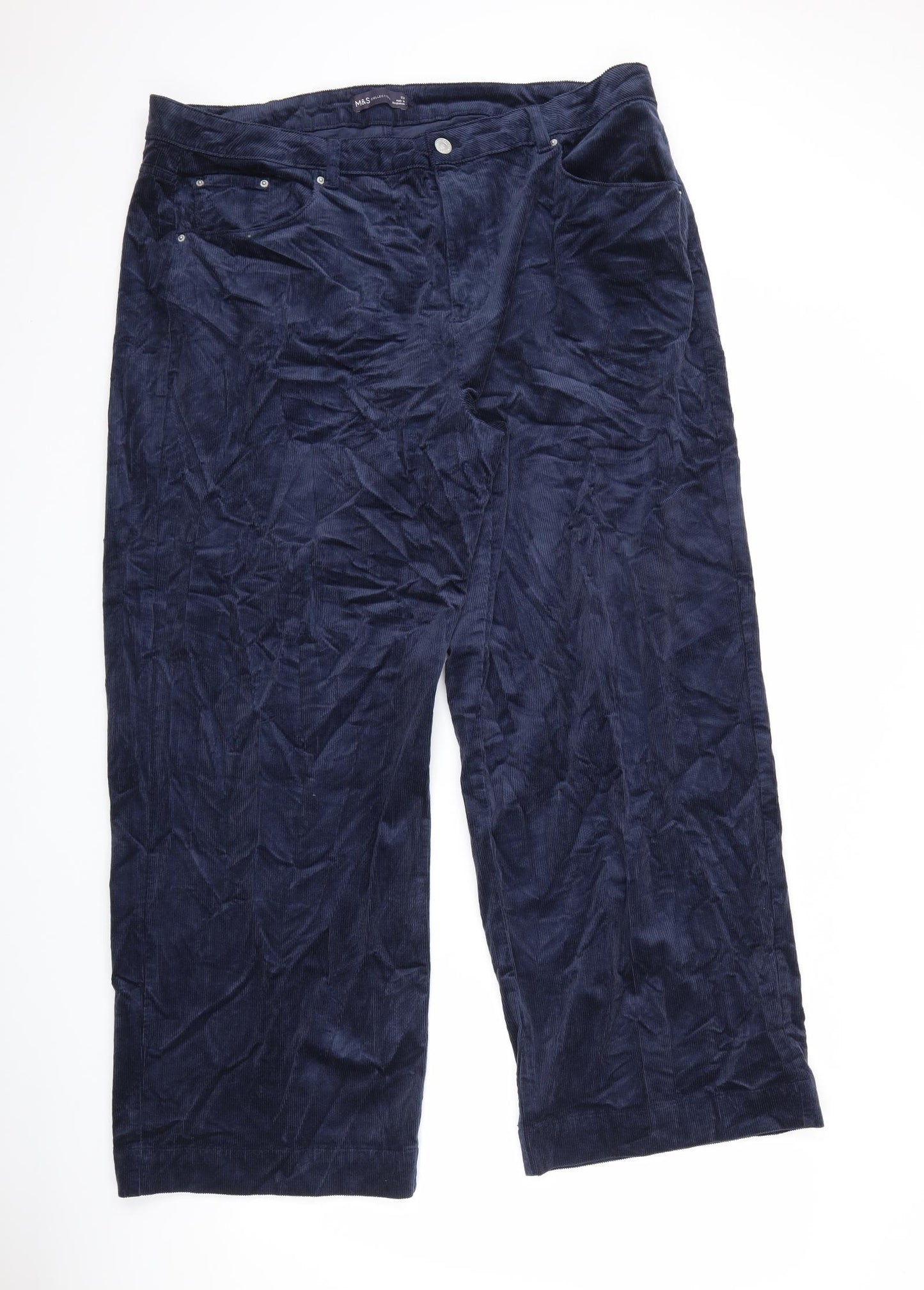 Marks and Spencer Womens Blue Cotton Trousers Size 22 L28 in Relaxed Zip