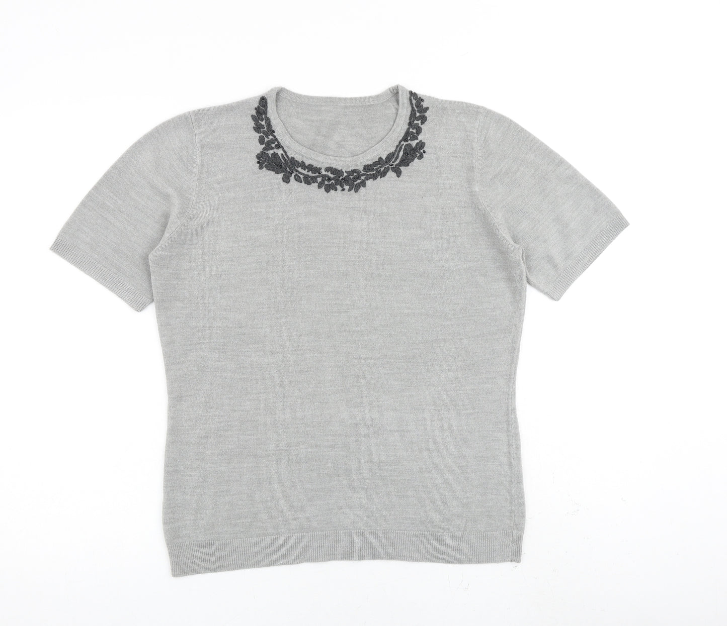 BHS Womens Grey Acrylic Basic T-Shirt Size 12 Round Neck - Floral Detail