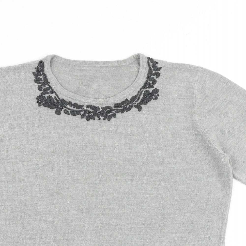 BHS Womens Grey Acrylic Basic T-Shirt Size 12 Round Neck - Floral Detail