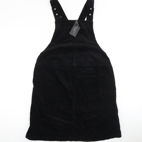 New Look Womens Black 100% Cotton Pinafore/Dungaree Dress Size 10 Square Neck Button
