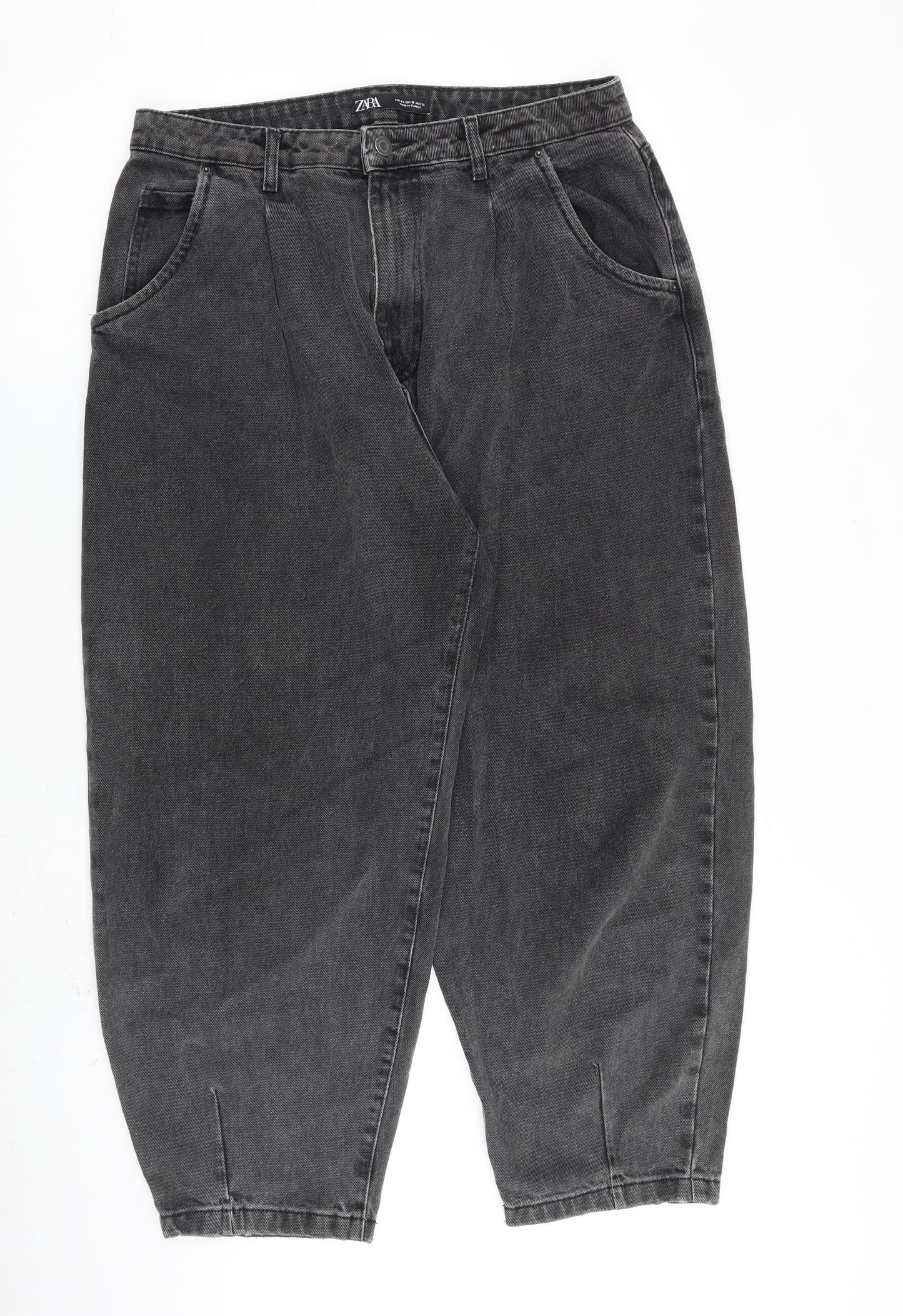 Zara Womens Grey Cotton Tapered Jeans Size 14 L26 in Regular Zip