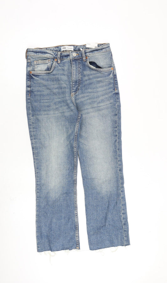 Zara Womens Blue Cotton Flared Jeans Size 10 L26 in Regular Zip - Cropped, Raw hem