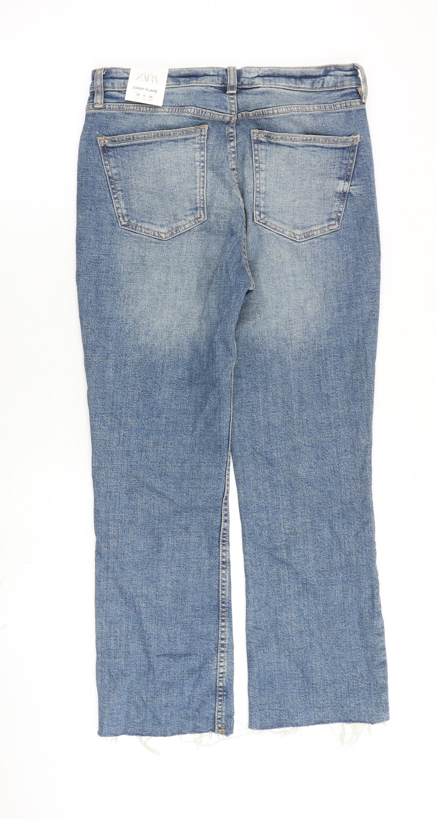 Zara Womens Blue Cotton Flared Jeans Size 10 L26 in Regular Zip - Cropped, Raw hem