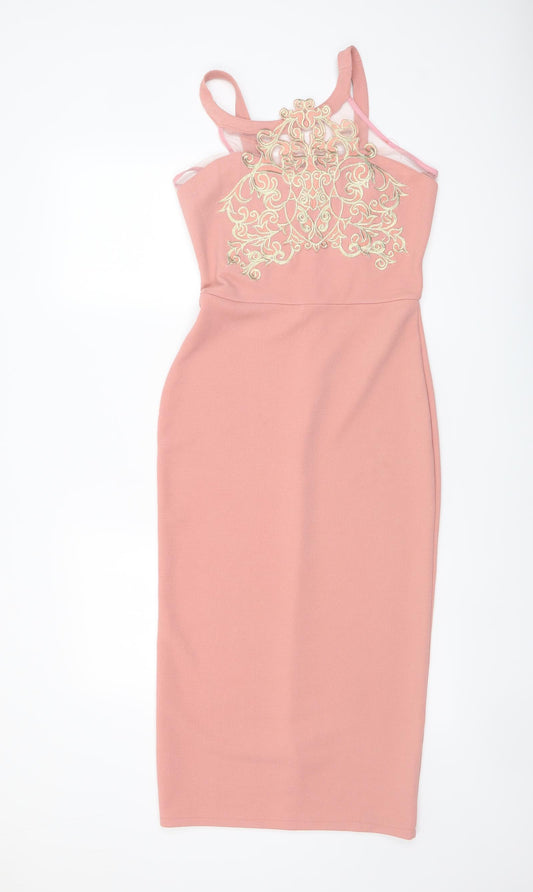Sherelle Womens Pink Cotton Pencil Dress Size S Halter Zip - Mesh Bodice