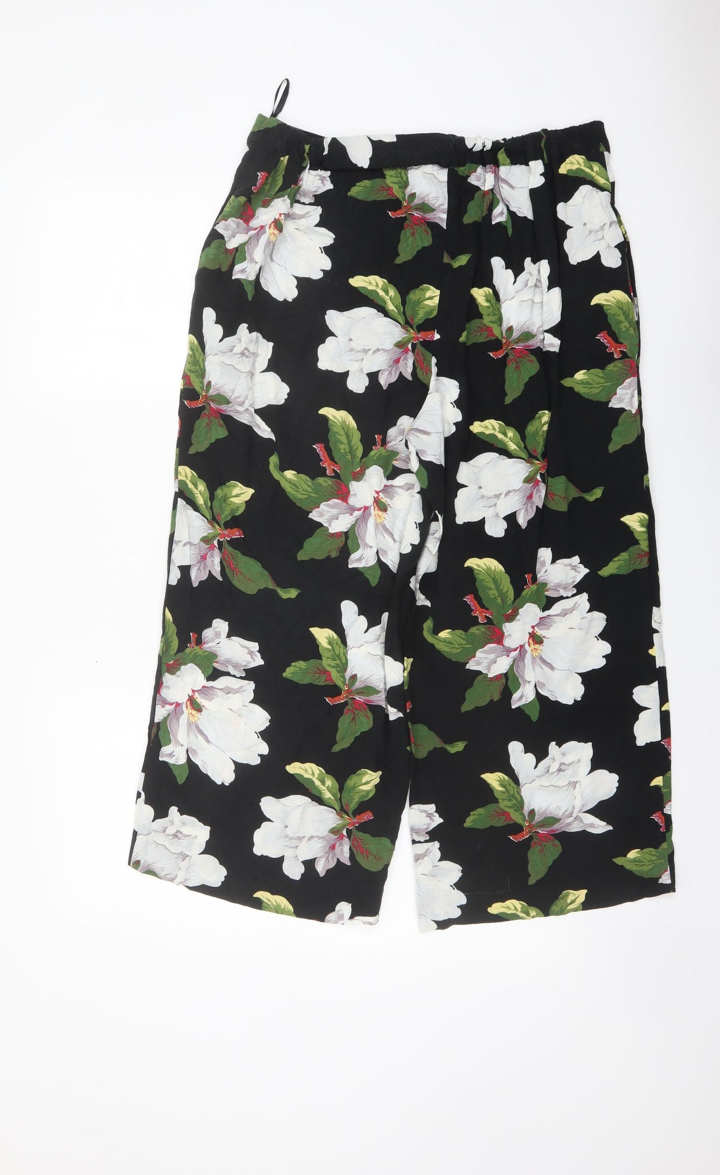 Warehouse Womens Black Floral Viscose Capri Trousers Size 14 L23 in Regular