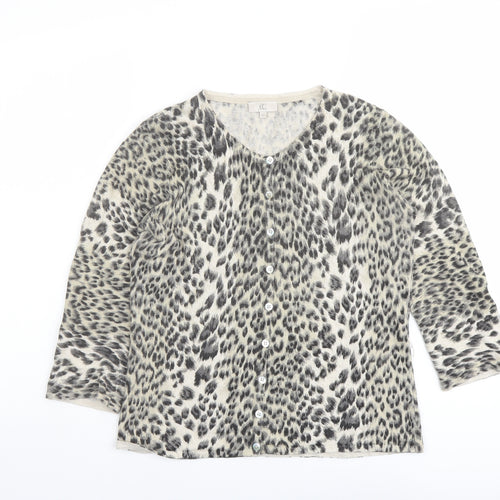CC Womens Beige Round Neck Animal Print Linen Cardigan Jumper Size M - Leopard Print