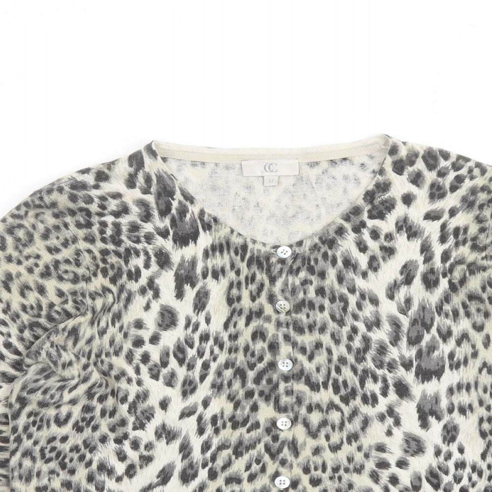CC Womens Beige Round Neck Animal Print Linen Cardigan Jumper Size M - Leopard Print