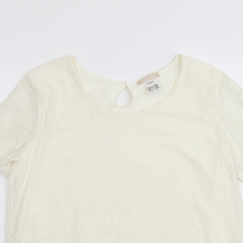Daxon Womens Ivory Polyester Basic Blouse Size 14 Scoop Neck