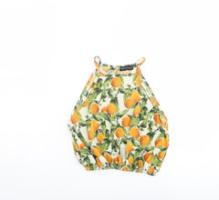 PRETTYLITTLETHING Womens Ivory Geometric Polyester Cropped Blouse Size 6 Round Neck - Orange Pattern