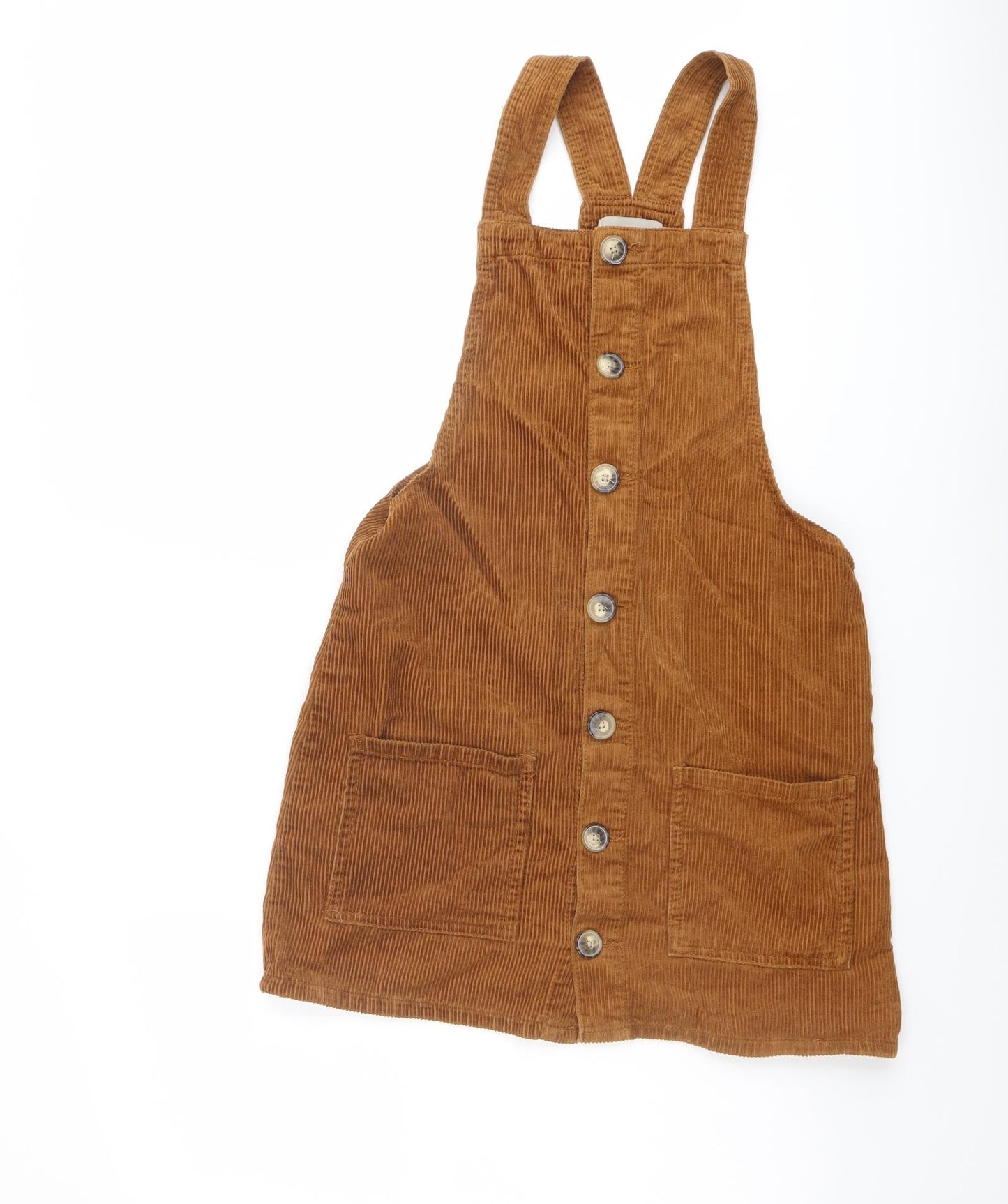 Denim & Co. Womens Brown Cotton Pinafore/Dungaree Dress Size 10 Square Neck Button