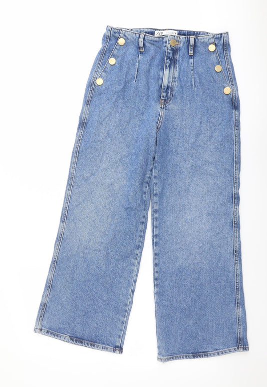 Zara Womens Blue Cotton Wide-Leg Jeans Size 12 L25 in Regular Button